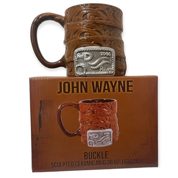 JOHN WAYNE ceramic hand tooled belt buckle coffee mug - Picture 1 of 8